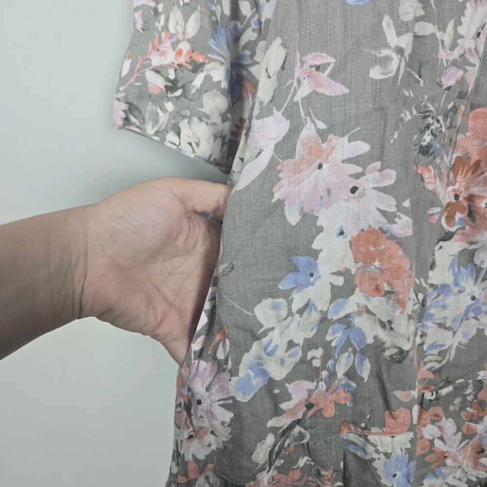 J Jill Love Linen Womens Floral Caraway Dress XL Petite Green Bloomcore Beachy - Picture 4 of 8